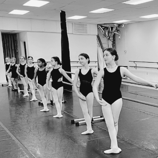 Ballerinas lined up at the barre at the Charleston Dance Center studio. 